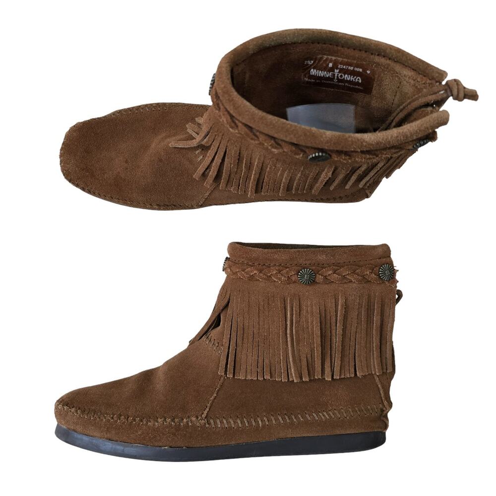 Minnetonka Womens Ankle Boots 8 Brown Suede Leather Fringe Boho Hippie Booties